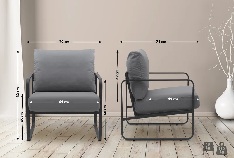 Fauteuil lounge design retro chic en PVC gris et cadre en métal noir mat 10_0002814