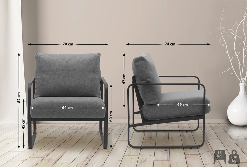 Fauteuil lounge design retro chic en tissu gris foncé et cadre en métal noir mat 10_0002818