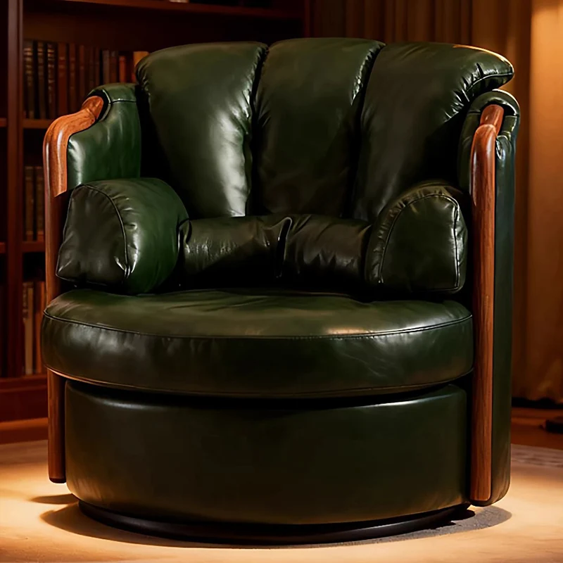 Contemporary Retro Solid Wood Iron Faux Nappa Leather Round Swivel Accent Chair For Living Room