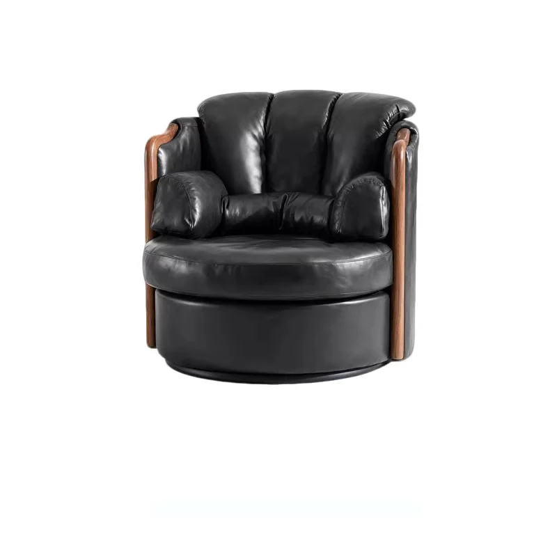 Contemporary Retro Solid Wood Iron Faux Nappa Leather Round Swivel Accent Chair For Living Room
