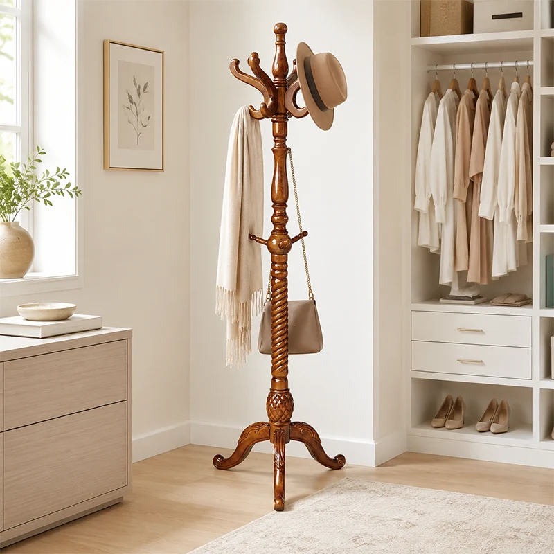 Traditional Vintage Carved Wood Dark Amber Freestanding Coat Rack - Eucalyptus Wood Rubberwood Hall Tree For Entryway & Bedroom