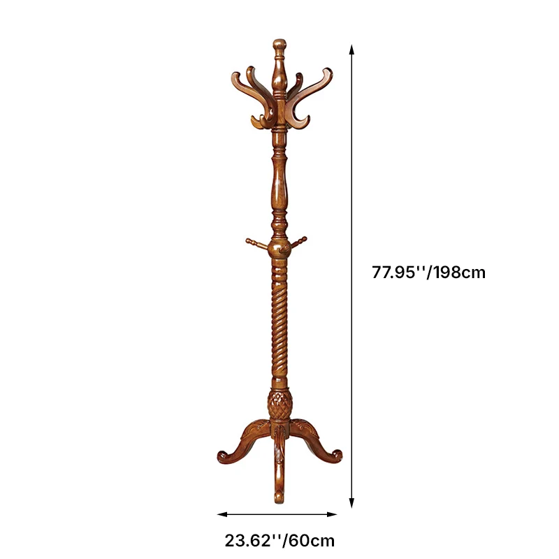 Traditional Vintage Carved Wood Dark Amber Freestanding Coat Rack - Eucalyptus Wood Rubberwood Hall Tree For Entryway & Bedroom