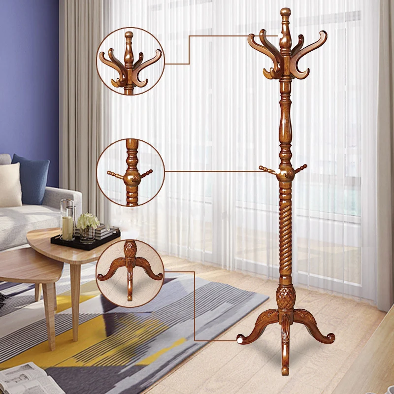 Traditional Vintage Carved Wood Dark Amber Freestanding Coat Rack - Eucalyptus Wood Rubberwood Hall Tree For Entryway & Bedroom