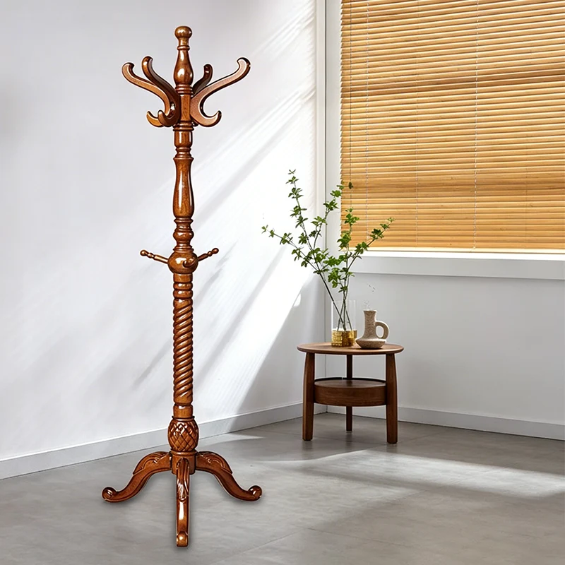 Traditional Vintage Carved Wood Dark Amber Freestanding Coat Rack - Eucalyptus Wood Rubberwood Hall Tree For Entryway & Bedroom
