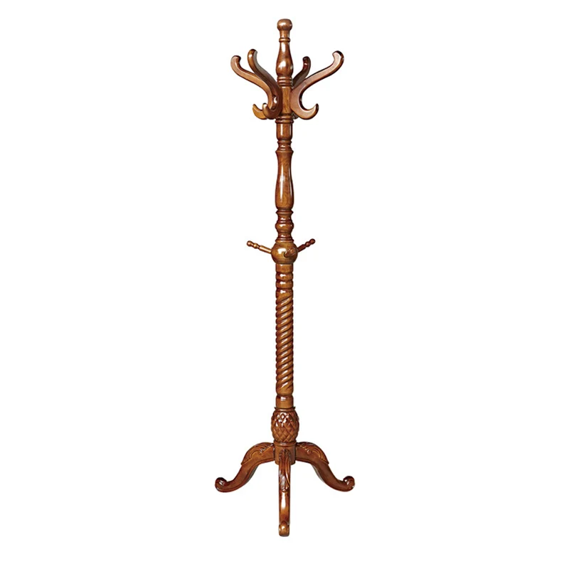 Traditional Vintage Carved Wood Dark Amber Freestanding Coat Rack - Eucalyptus Wood Rubberwood Hall Tree For Entryway & Bedroom