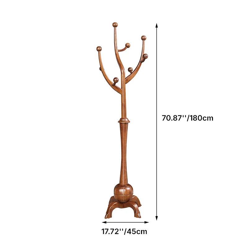 Traditional Vintage Rubberwood Eucalyptus Wood Hall Tree - Round Branch Hooks Freestanding Coat Rack For Entryway & Bedroom