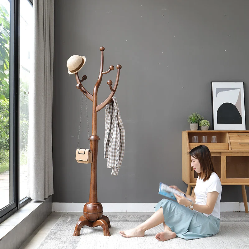 Traditional Vintage Rubberwood Eucalyptus Wood Hall Tree - Round Branch Hooks Freestanding Coat Rack For Entryway & Bedroom