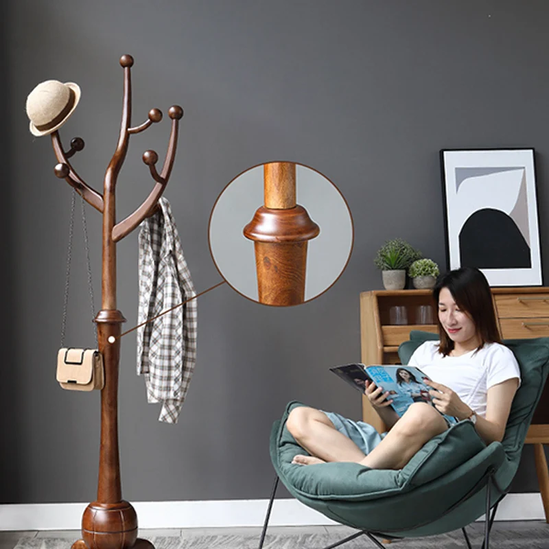 Traditional Vintage Rubberwood Eucalyptus Wood Hall Tree - Round Branch Hooks Freestanding Coat Rack For Entryway & Bedroom