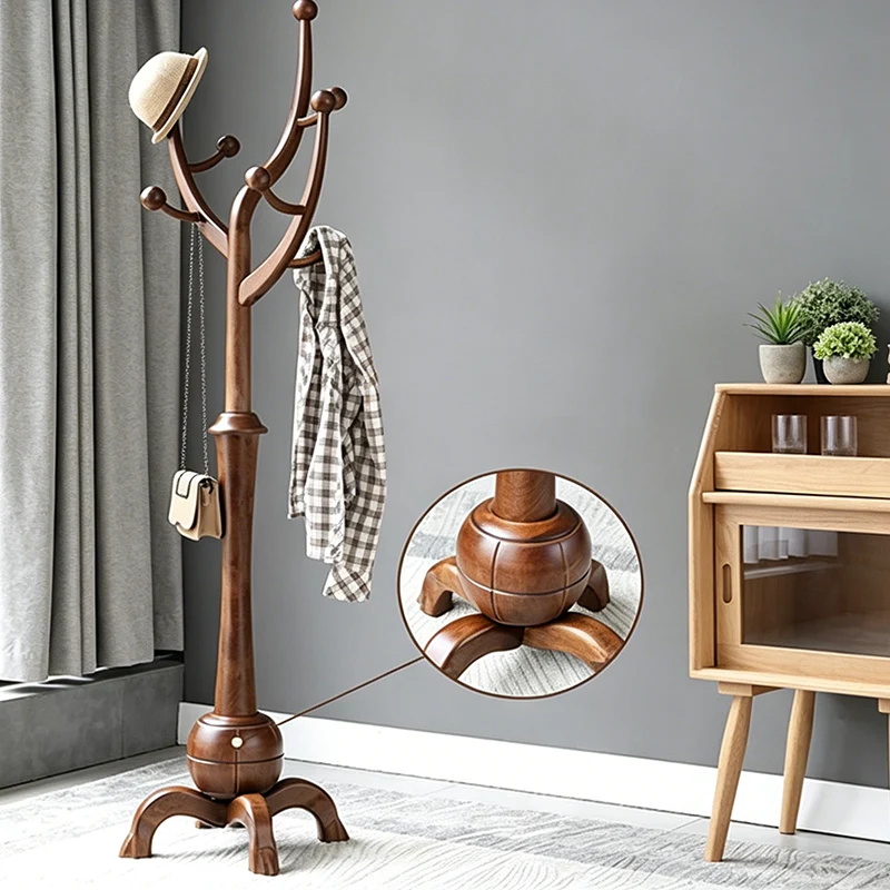 Traditional Vintage Rubberwood Eucalyptus Wood Hall Tree - Round Branch Hooks Freestanding Coat Rack For Entryway & Bedroom