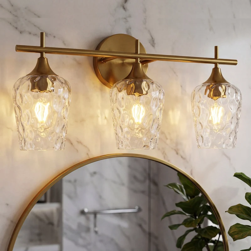 Tribesigns Applique murale LED à 3 lumières pour salle de bain, Dorée avec verre texturé douille E27 éclairage miroir