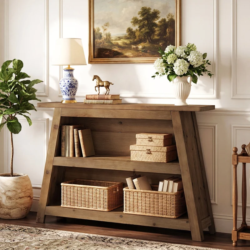 Tribesigns Console en bois massif de 120 cm, Table d'entrée à 3 niveaux de style champêtre avec étagères
