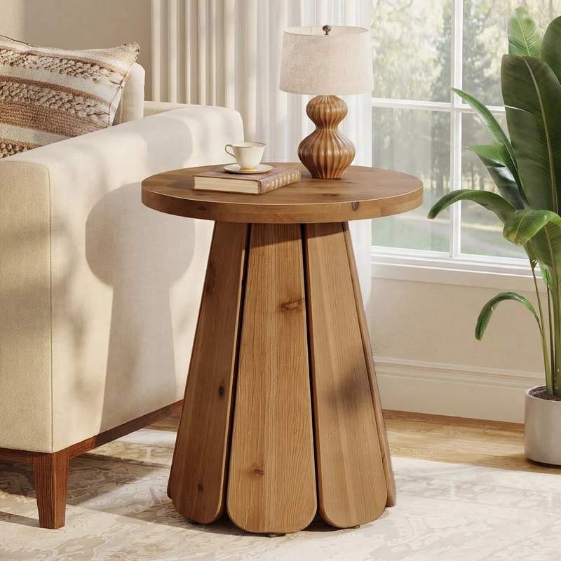 Tribesigns Table d'appoint ronde en bois massif 50 cm, Style champêtre avec piètement sculptural