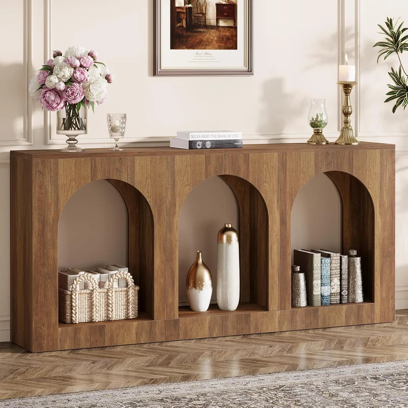 Console de 160 cm table étroite en bois avec 3 étagères cintrées, Table basse à placer derrière le canapé