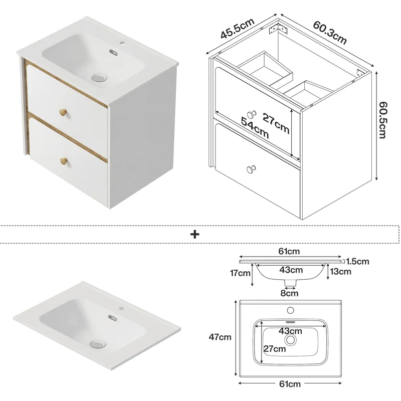 Tribesigns Meuble vasque mural avec vasque en céramique, Meuble de salle de bain mural moderne avec porte à fermeture douce