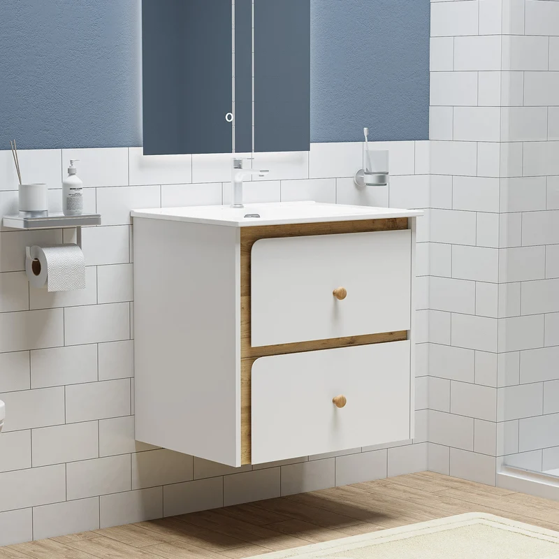 Tribesigns Meuble vasque mural avec vasque en céramique, Meuble de salle de bain mural moderne avec porte à fermeture douce