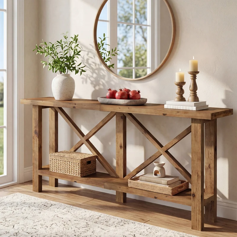 Console étroite de 180 cm, Table d'entrée à 2 niveaux en bois massif