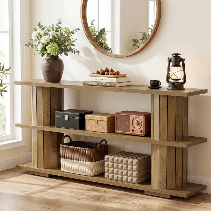 Tribesigns Console de 160 cm avec étagères de rangement à 3 niveaux, Longue table d'entrée pour salon et hall d'entrée