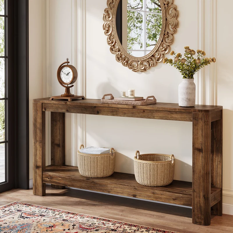 Tribesigns Console en bois massif de 160 cm, Table d'appoint étroite style ferme avec étagère
