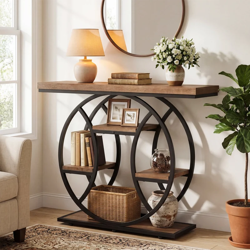 Tribesigns Console de 105 cm, Table d'appoint à 4 niveaux avec cadre rond