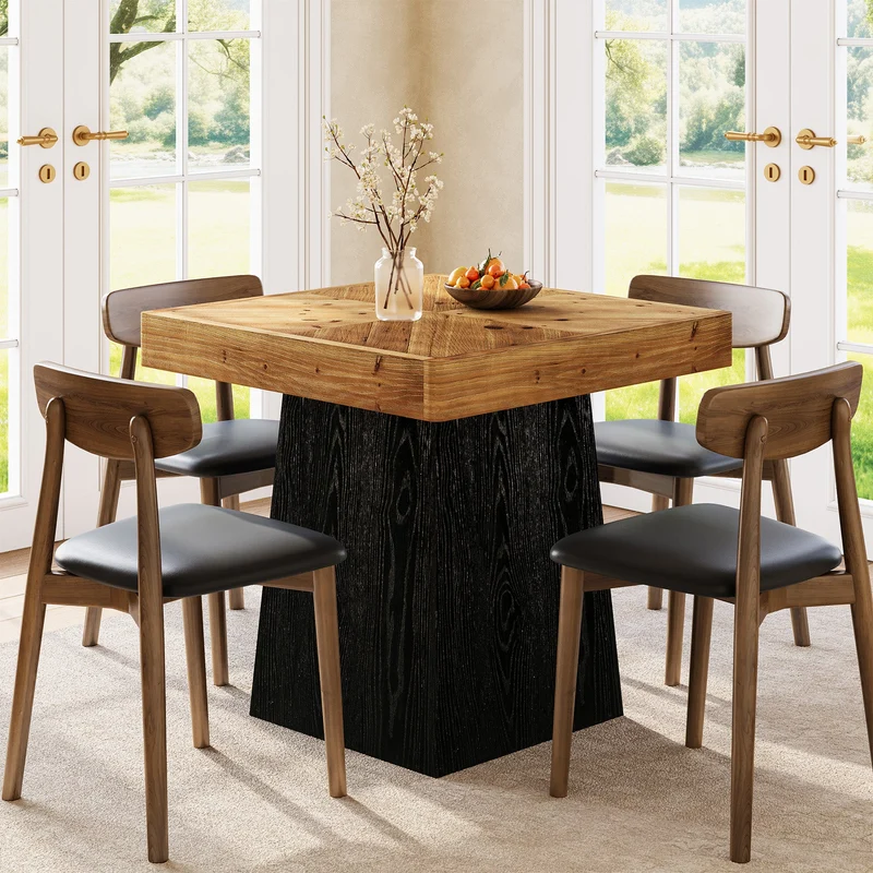 Tribesigns Table à manger carrée en bois massif, 80 cm pour 2 à 4 personnes, Table de cuisine de style champêtre avec pied central robuste