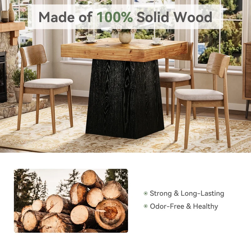Tribesigns Table à manger carrée en bois massif, 80 cm pour 2 à 4 personnes, Table de cuisine de style champêtre avec pied central robuste