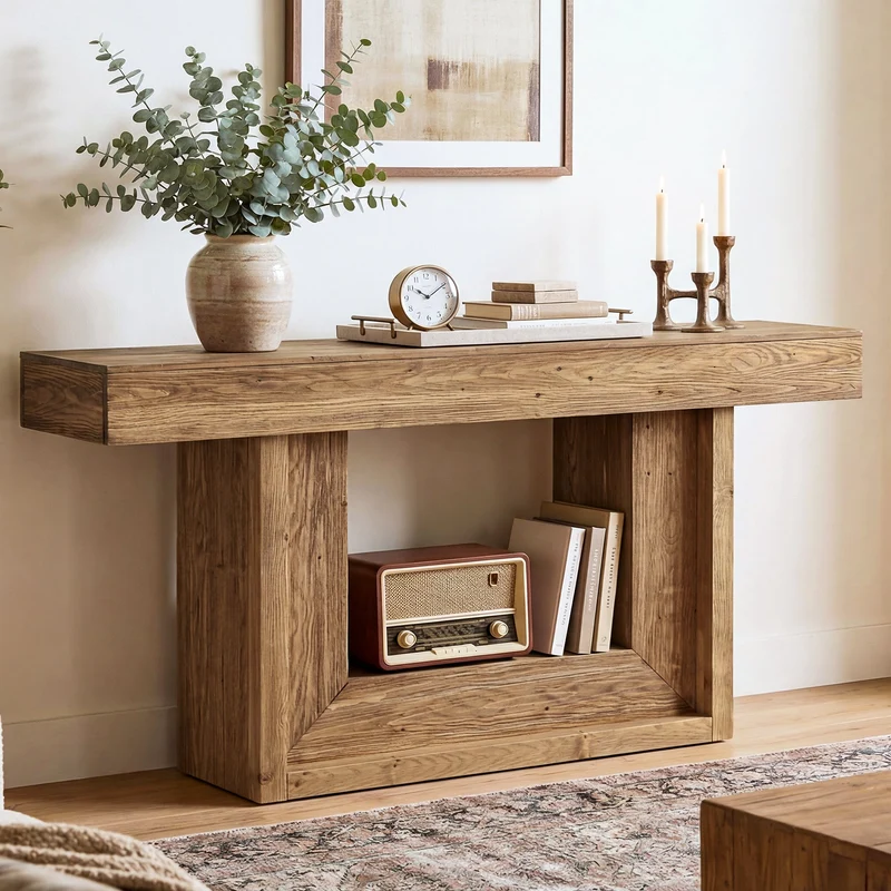 Tribesigns Console étroite en bois massif de 160 cm, Style campagne avec piètement en U et étagère