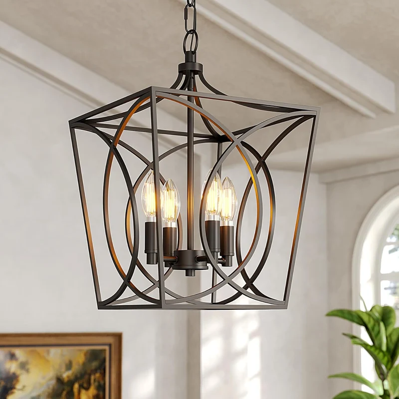 Tribesigns Lustre industriel noir, Suspension géométrique avec 4 douilles E14 hauteur réglable