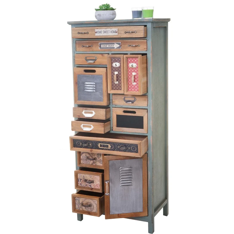 Meuble style apothicaire 138 x 57 x 32 cm commode vintage 14 tiroirs et 1 compartiment en bois de sapin massif et MDF aspect vieilli 04_0011126