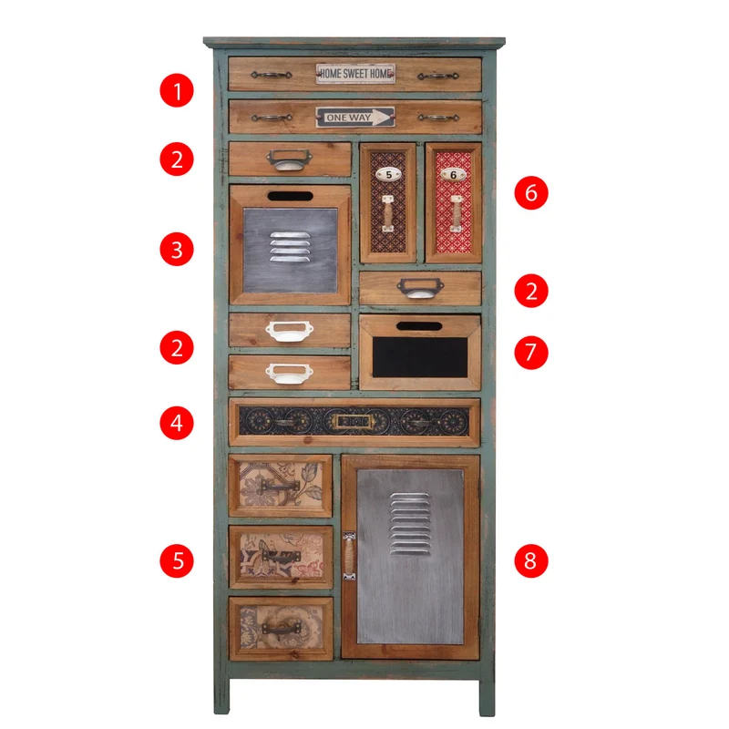 Meuble style apothicaire 138 x 57 x 32 cm commode vintage 14 tiroirs et 1 compartiment en bois de sapin massif et MDF aspect vieilli 04_0011126
