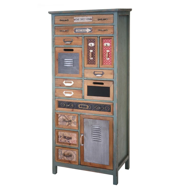 Meuble style apothicaire 138 x 57 x 32 cm commode vintage 14 tiroirs et 1 compartiment en bois de sapin massif et MDF aspect vieilli 04_0011126