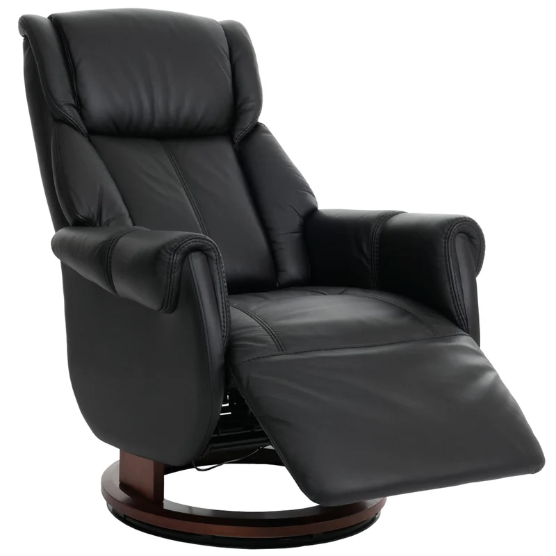 Fauteuil relax électrique aide au lever repose pieds et dossier réglables pivotant à 360°cuir véritable noir et bois noyer 04_0007821