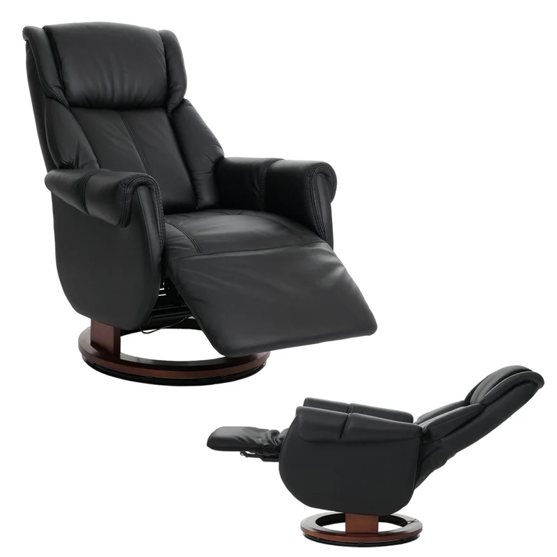 Fauteuil relax électrique aide au lever repose pieds et dossier réglables pivotant à 360°cuir véritable noir et bois noyer 04_0007821