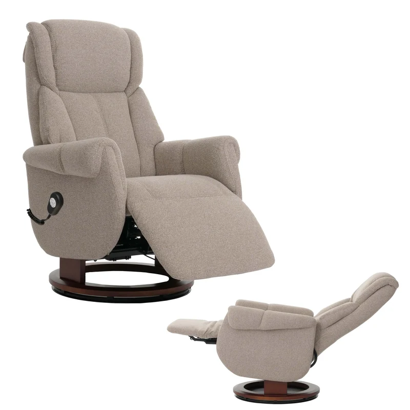 Fauteuil relax électrique aide au lever repose pieds dossier et appui tête réglables pivotant à 360° tissu bouclé marron et bois noyer 04_0007819