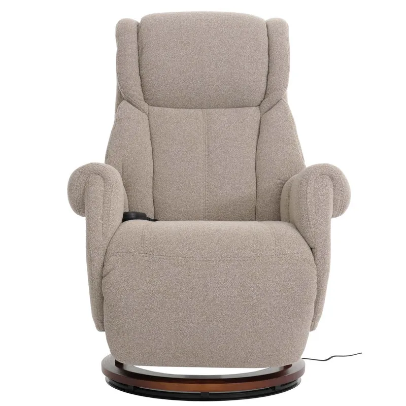Fauteuil relax électrique aide au lever repose pieds dossier et appui tête réglables pivotant à 360° tissu bouclé marron et bois noyer 04_0007819