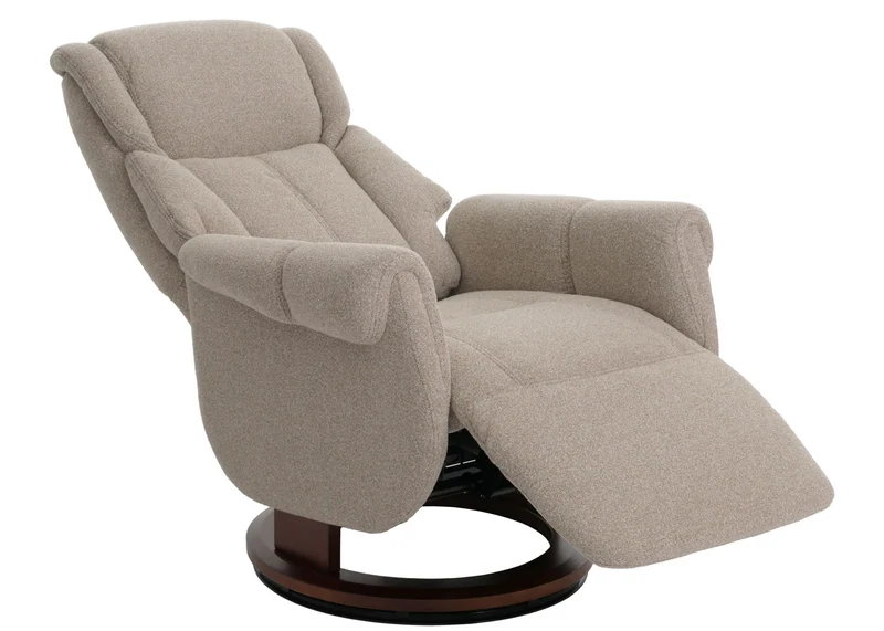 Fauteuil relax électrique aide au lever repose pieds dossier et appui tête réglables pivotant à 360° tissu bouclé marron et bois noyer 04_0007819