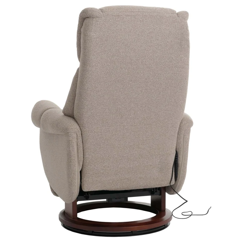 Fauteuil relax électrique aide au lever repose pieds dossier et appui tête réglables pivotant à 360° tissu bouclé marron et bois noyer 04_0007819