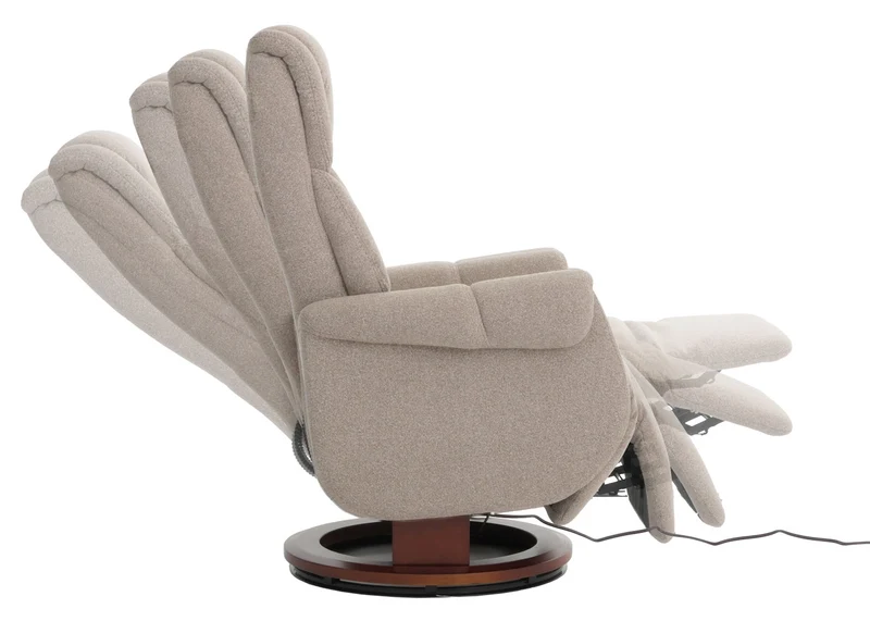Fauteuil relax électrique aide au lever repose pieds dossier et appui tête réglables pivotant à 360° tissu bouclé marron et bois noyer 04_0007819
