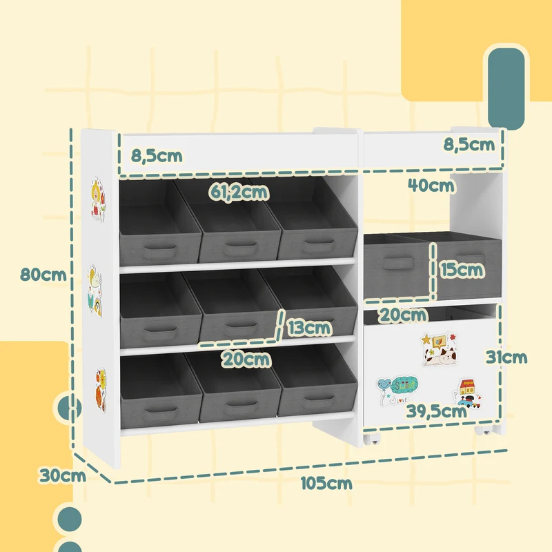 Étagère à jouets et livres chambre d'enfants 105 x 30 x 80 cm 11 bacs sécurisée scandinave contemporaine en MDF blanc 21_0000159