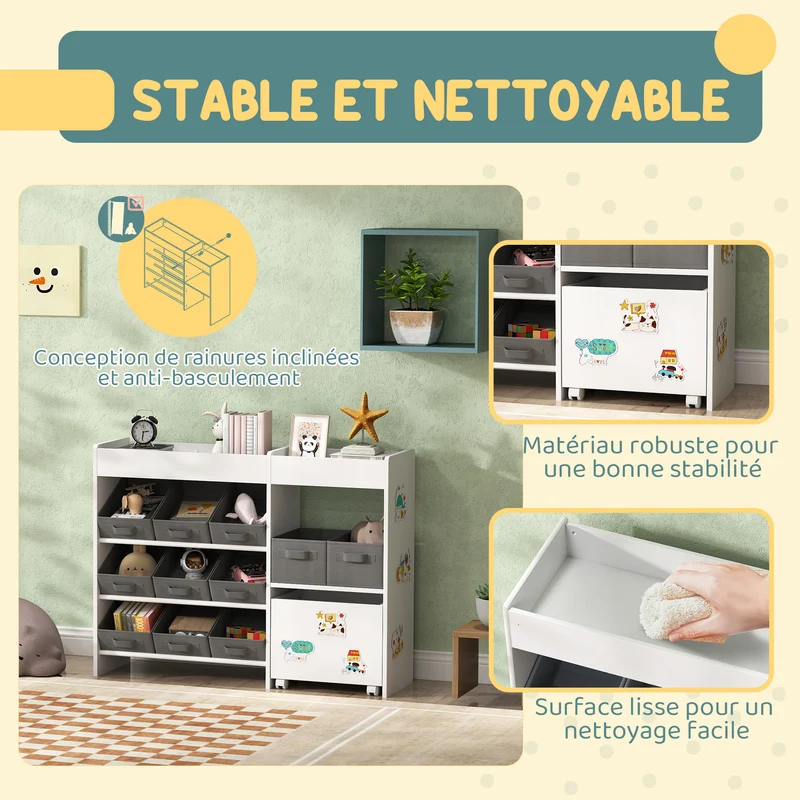 Étagère à jouets et livres chambre d'enfants 105 x 30 x 80 cm 11 bacs sécurisée scandinave contemporaine en MDF blanc 21_0000159