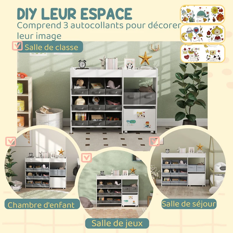 Étagère à jouets et livres chambre d'enfants 105 x 30 x 80 cm 11 bacs sécurisée scandinave contemporaine en MDF blanc 21_0000159