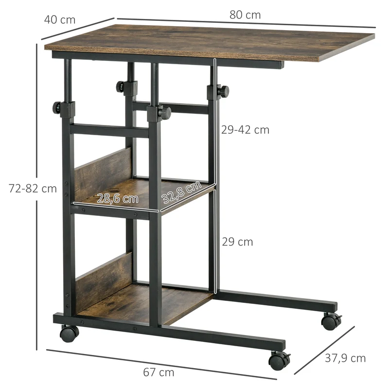 Table roulante table de lit 80 x 40 x 72-82 cm hauteur réglable roulettes freinables 2 étagères rustique en bois marron 21_0001790