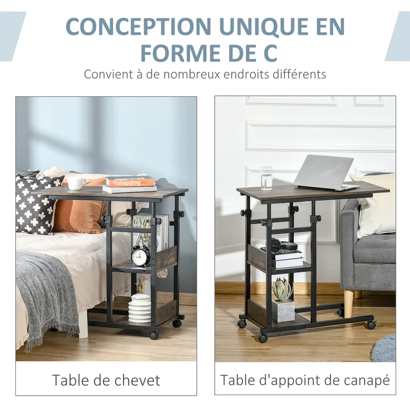 Table roulante table de lit 80 x 40 x 72-82 cm hauteur réglable roulettes freinables 2 étagères rustique en bois marron 21_0001790
