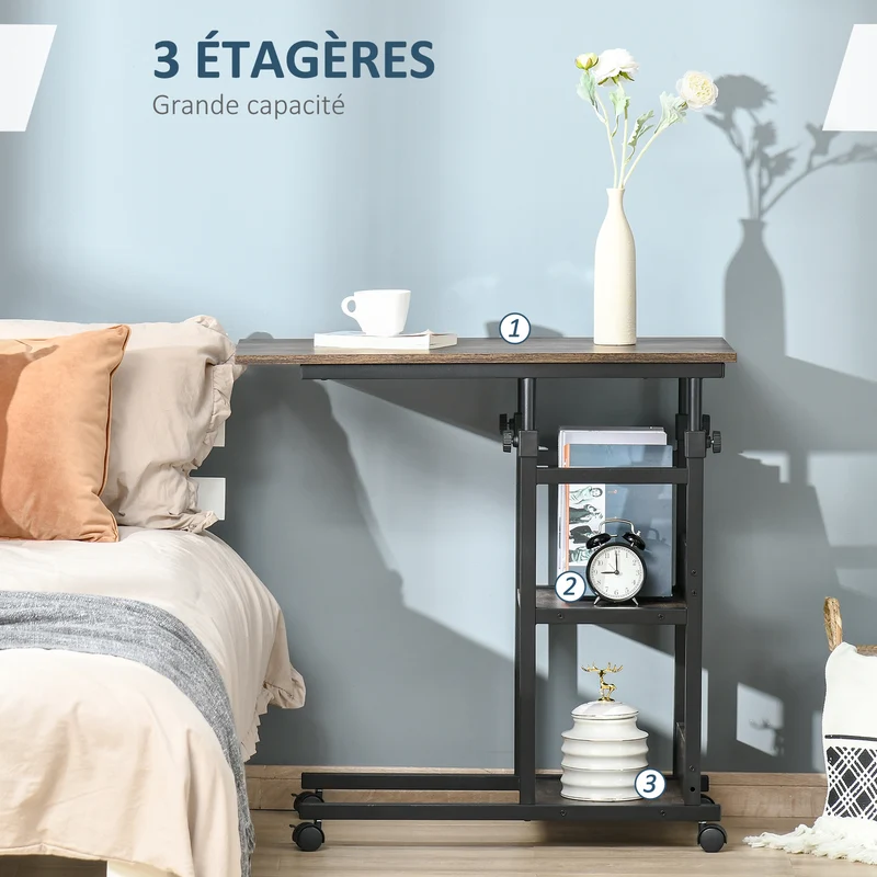 Table roulante table de lit 80 x 40 x 72-82 cm hauteur réglable roulettes freinables 2 étagères rustique en bois marron 21_0001790