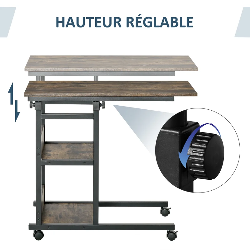Table roulante table de lit 80 x 40 x 72-82 cm hauteur réglable roulettes freinables 2 étagères rustique en bois marron 21_0001790