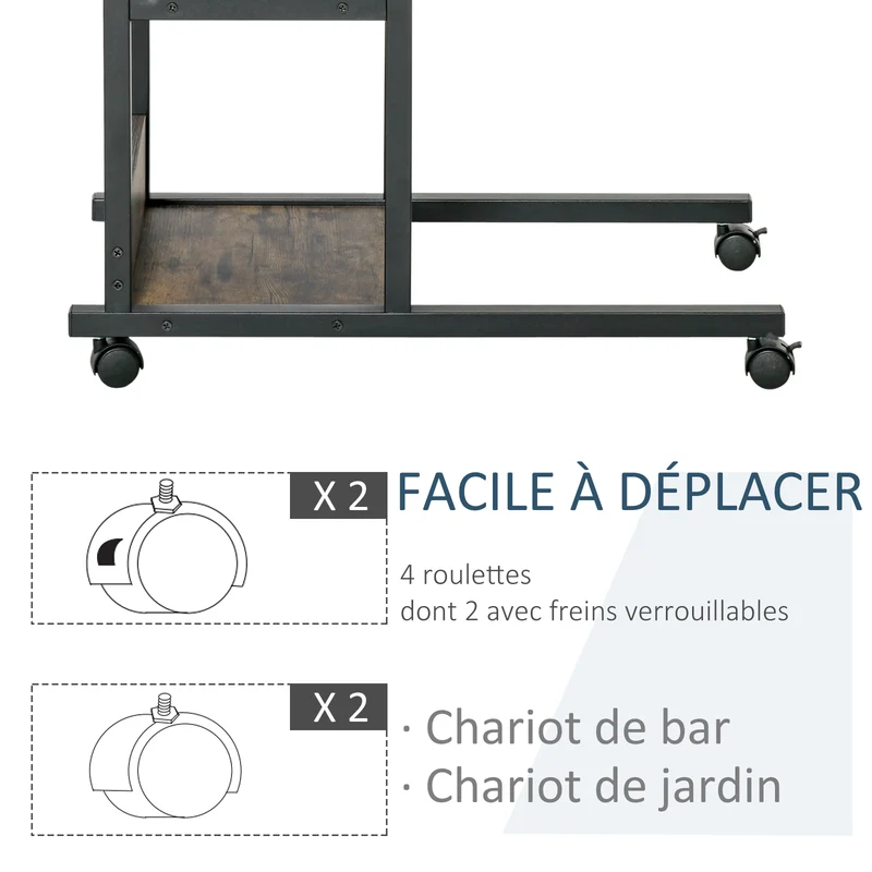 Table roulante table de lit 80 x 40 x 72-82 cm hauteur réglable roulettes freinables 2 étagères rustique en bois marron 21_0001790