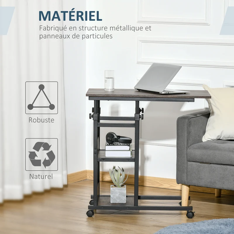 Table roulante table de lit 80 x 40 x 72-82 cm hauteur réglable roulettes freinables 2 étagères rustique en bois marron 21_0001790
