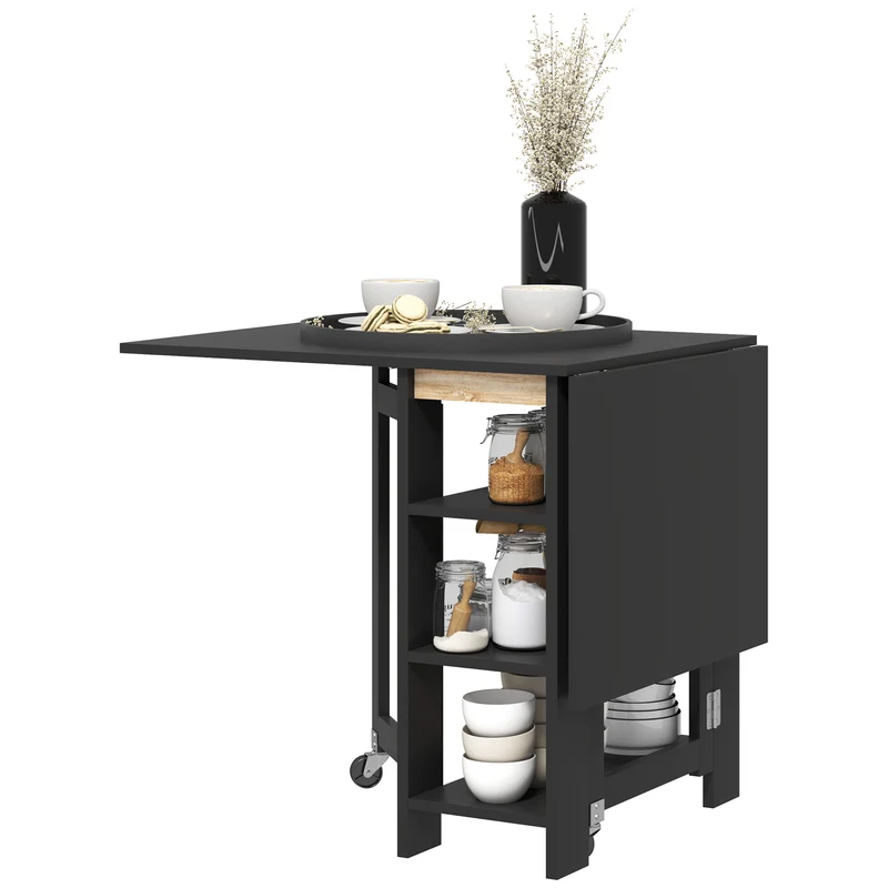 Table de cuisine pliable polyvalente 120 x 60 x 75 cm gain de place 3 étagères moderne en panneau de particules noir 21_0003237