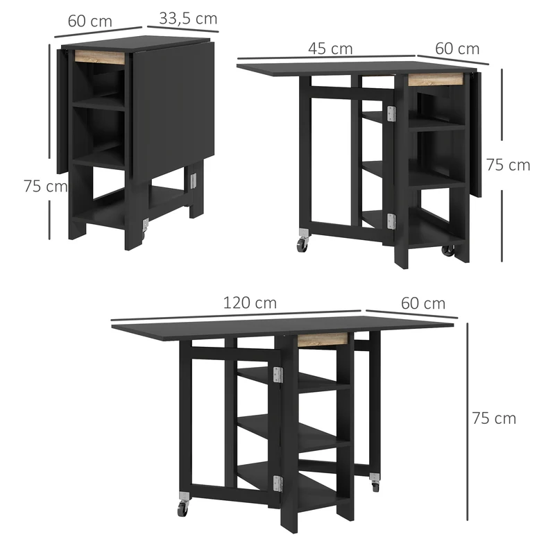 Table de cuisine pliable polyvalente 120 x 60 x 75 cm gain de place 3 étagères moderne en panneau de particules noir 21_0003237