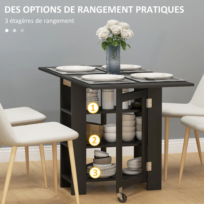 Table de cuisine pliable polyvalente 120 x 60 x 75 cm gain de place 3 étagères moderne en panneau de particules noir 21_0003237
