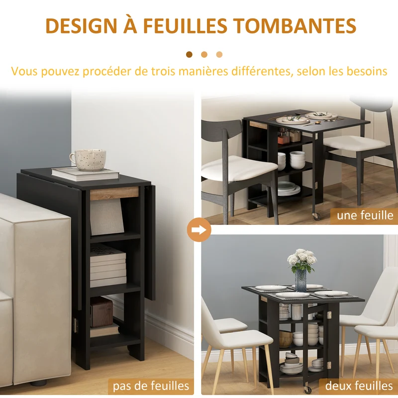 Table de cuisine pliable polyvalente 120 x 60 x 75 cm gain de place 3 étagères moderne en panneau de particules noir 21_0003237